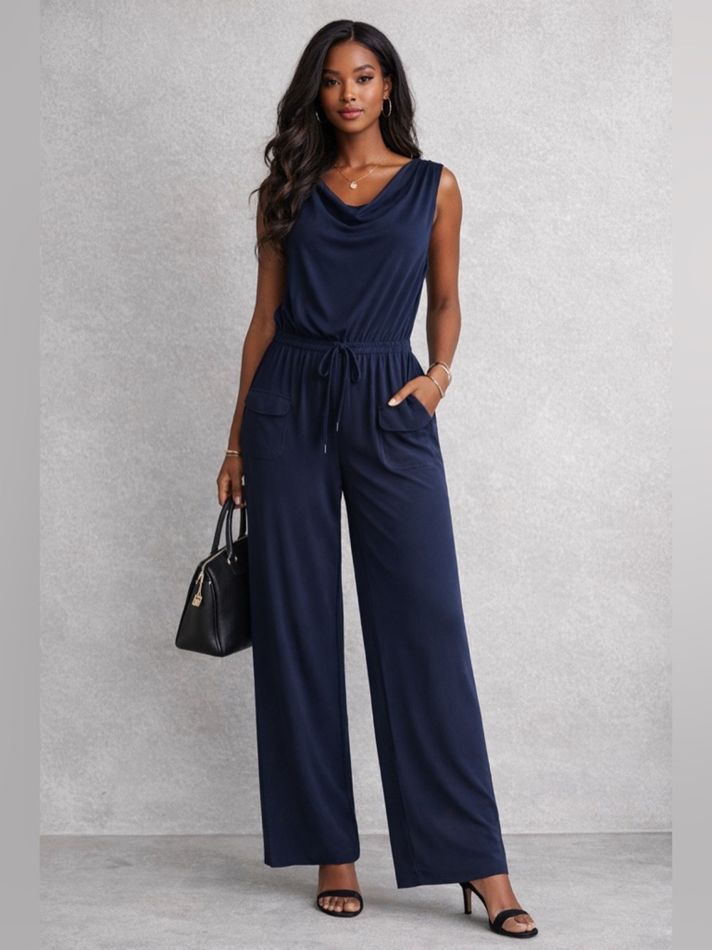 Vince Camuto Navy Sleeveless Jumpsuit Cowl Neck Elastic Waist Wide Leg Pants L - Picture 1 of 12